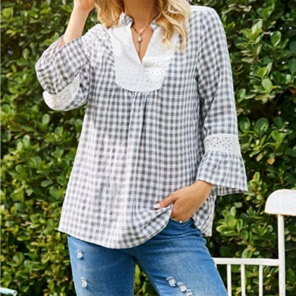 New Suzanne Betro Gray Gingham Lace Bib Peasant Top US XL